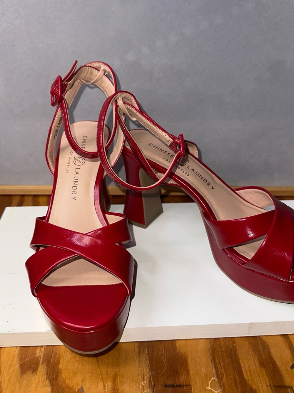 Chinese Laundry Red Patent Platform Sandals with Ankle Strap